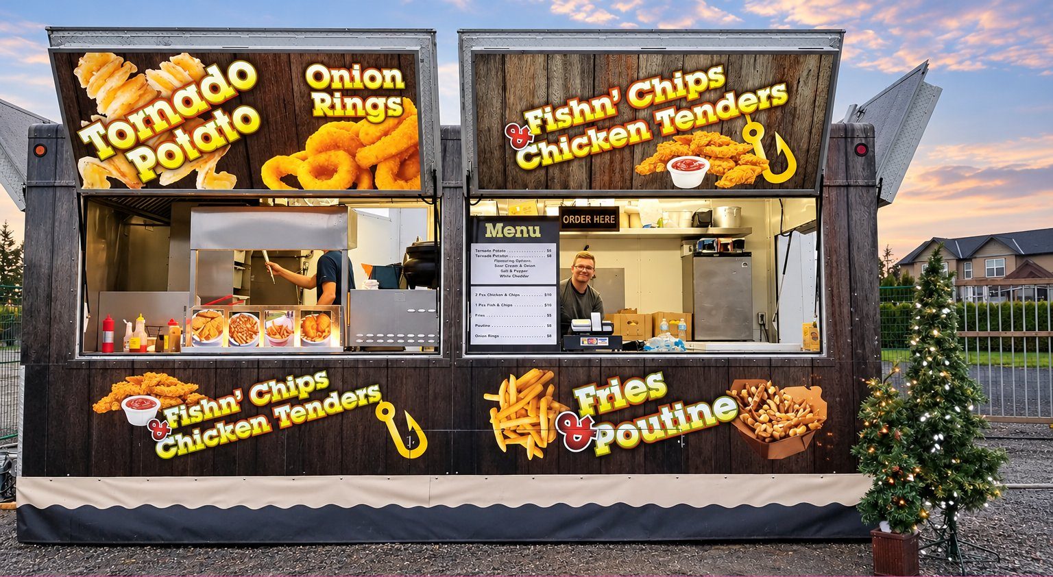 Food Trucks Catering trailer serving fish and chips, chicken tenders, tornado potato, fries and poutine at an event