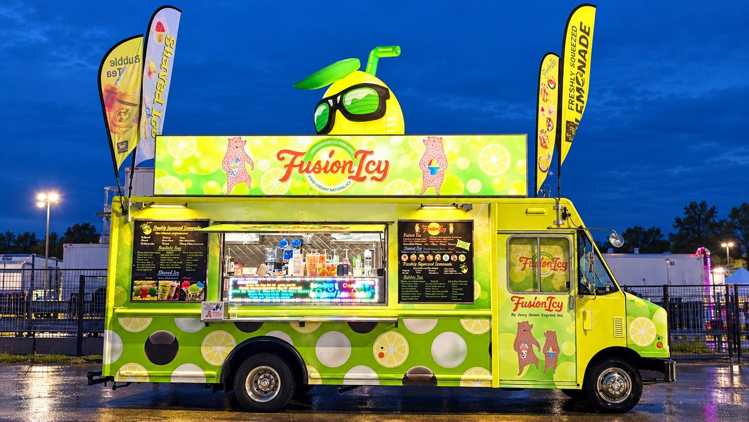 Fusion Icy truck serving bubble tea, freshly squeezed lemonade and shaved ice at an evening event