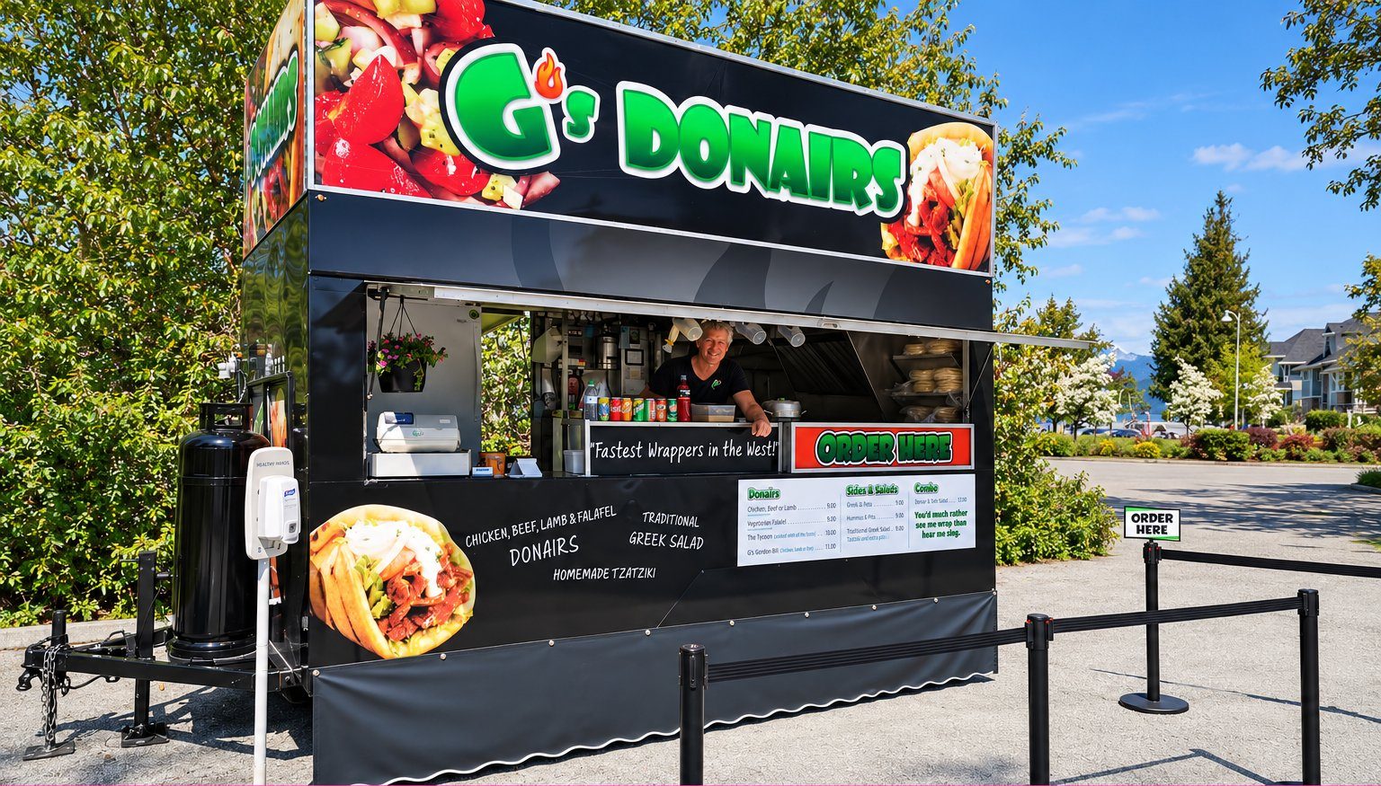 G's Donairs Greek food trailer, a partner truck coordinated by Food Trucks Catering, serving donairs and Greek salad