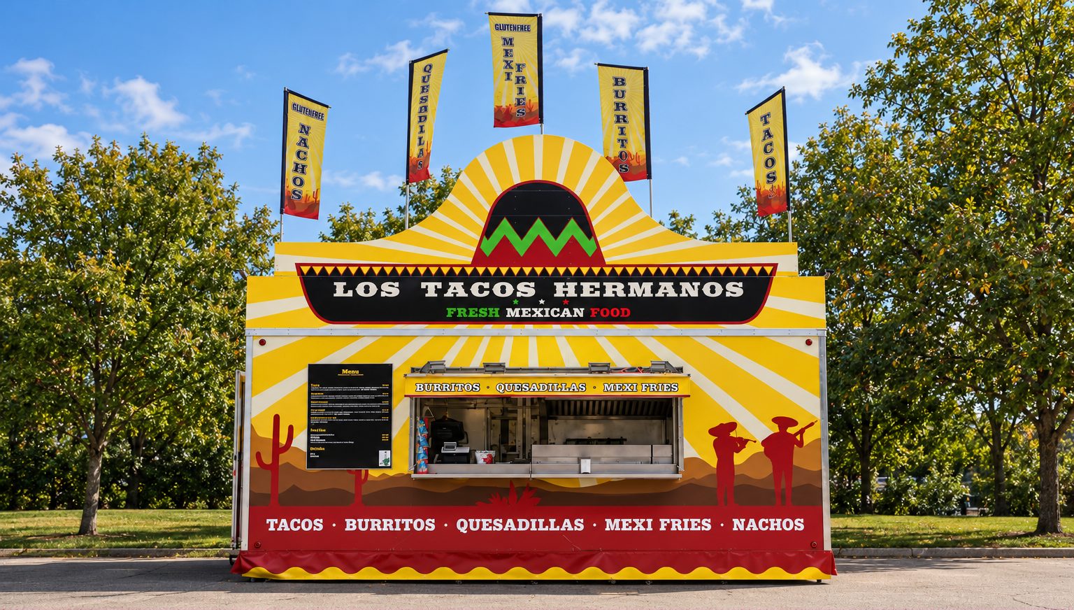 Los Tacos Hermanos, a partner Mexican food truck coordinated by Food Trucks Catering, serving tacos, burritos, quesadillas and Mexi fries